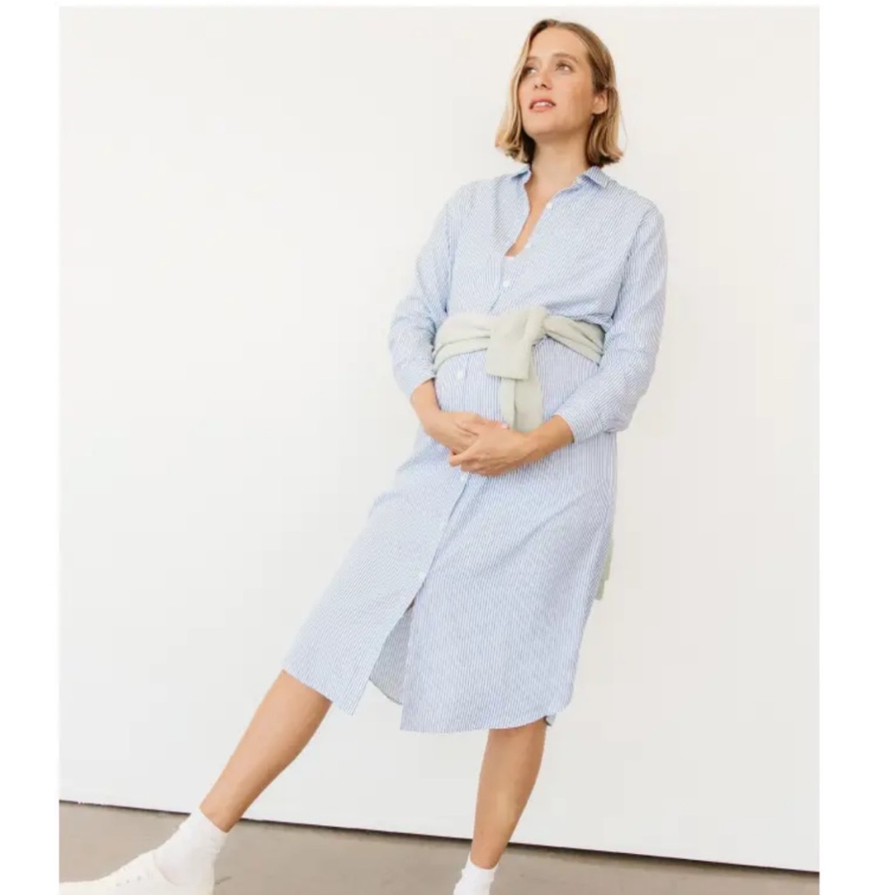 Relaxed Shirt Dress, maternity. Storq. Blue pinstripe